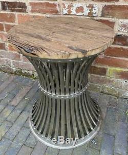 Round Side Table Industrial Vintage Rustic Reclaimed Wood Silver Iron Base