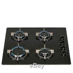 SIA GHG602BL 60cm 4 Burner Gas On Glass Hob In Black With Cast Iron Pan Stands