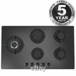 SIA GHG902BL 90cm Black 5 Burner Gas On Glass Hob With Cast Iron Pan Stands