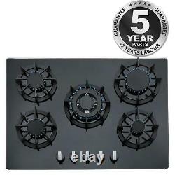 SIA R8 70cm Black 5 Burner Gas On Glass Hob With Cast Iron Pan Stands