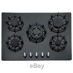 SIA R8 70cm Black 5 Burner Gas On Glass Hob With Cast Iron Pan Stands