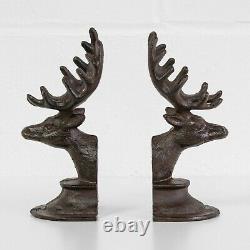 Set of 2 Cast Iron Stag Head Deer Antler Book Ends Heavy Vintage Style Bookends