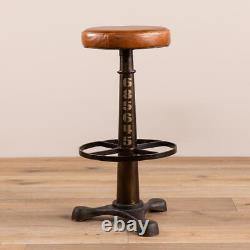 Singer Bar Stool Tan Leather Seat Industrial Kitchen Style Cast Iron Base 67cm