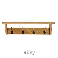 Solid Oak Coat Rack, Handmade Wooden Entryway Shelf with Cast Iron Hooks, Hat