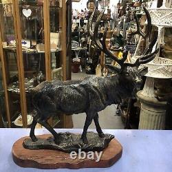 Stag Cast Iron On Wooden Base With Bronze Effect Finish