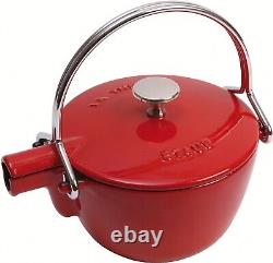 Staub Round Teapot 1.15L CERISE red Cast Iron Stove Tea Pot kettle tatty box