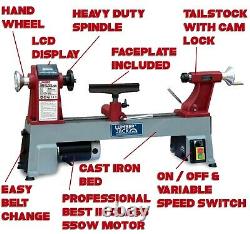 Variable Speed Wood Turning Lathe Cast Iron LCD Display Professional Bench Top