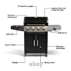 VonHaus 4+1 Gas BBQ, Cast Iron Grill Barbeque With Warming Rack And Side Burner