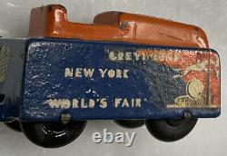 Vtg Cast Iron 1939 New York Worlds Fair Arcade Toys Greyhound Tram 2 Piece Set