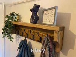 Wall Mounted Reclaimed Wooden Coat Rack with Cast Iron Coat Hooks and Shelf