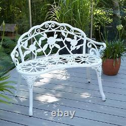 White Cast Iron Garden Bench Metal Frame 2 Seater Patio Chair Outdoor Seating